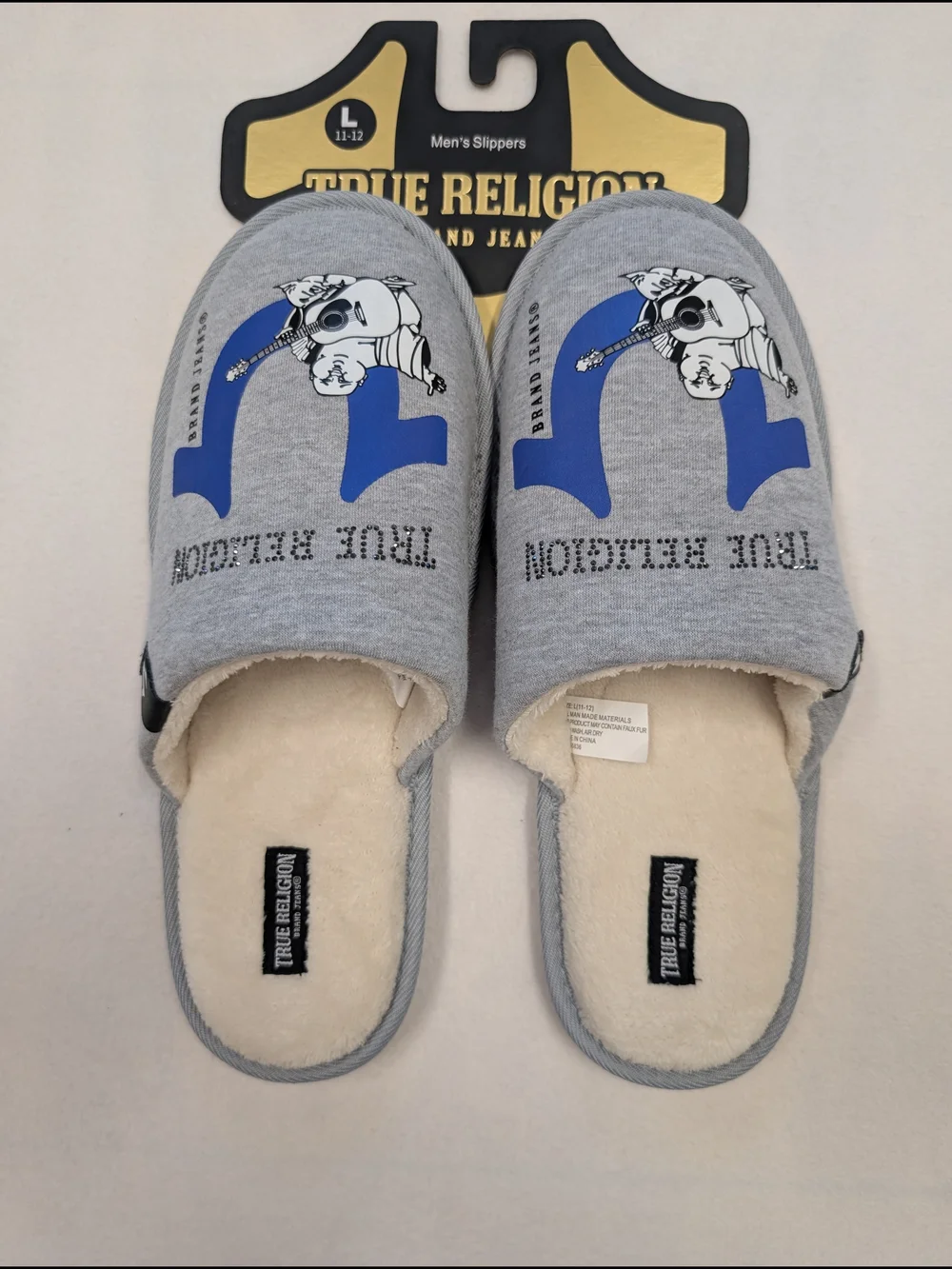 True Religion Men's Gray Slippers Blue Logo Cushioned NWT Size 11-12
